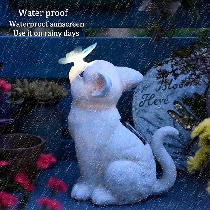 Cat Garden Figurines Outdoor Decor Solar Statue with LED Lights for Patio Lawn Yard Art Decoration Housewarming Garden Gift
