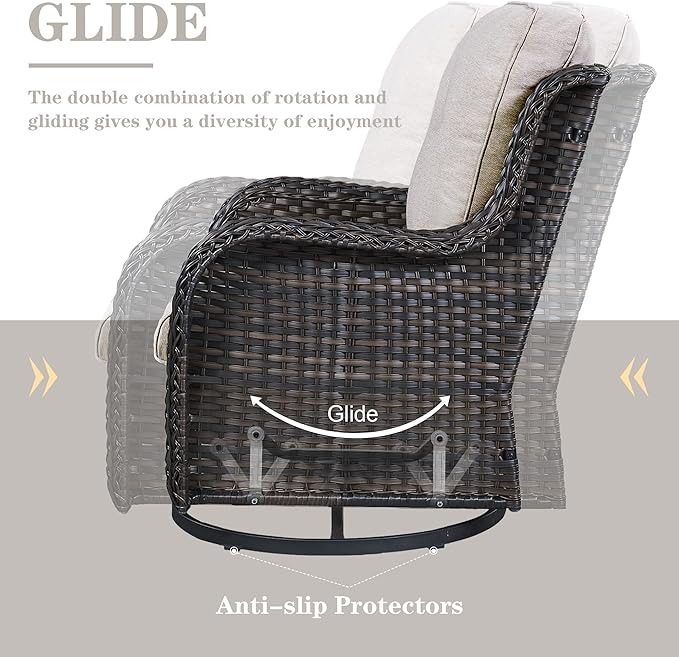 Outdoor Patio Furniture Set with Propane Fire Pit Table, 7 Pieces Wicker Patio Conversation Set with 2 Swivel Glider Rocker Chair Rattan Sofa Beige Cushion Perfect for Casual Gathering