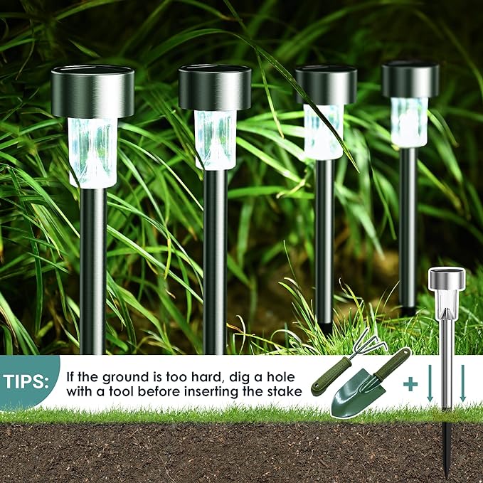 GIGALUMI Solar Lights Outdoor Waterproof, 20 Pack, Stainless Steel LED Solar Garden Lights for Patio, Lawn, Yard and Landscape, Garden Decor Patio Decor, Cold White