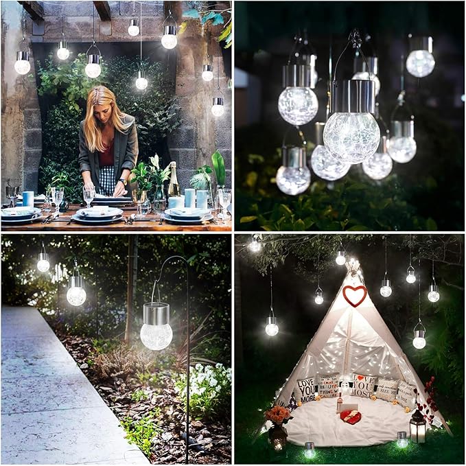 MAXvolador 12-Pack Hanging Solar Lights, Decorative Cracked Glass Ball Light, Solar Powered Waterproof Globe Lighting for Garden, Tree(Cool White)