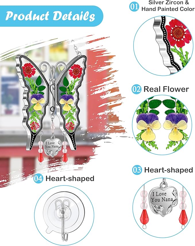 KY&BOSAM Butterfly Suncatcher I Love You Nana Gifts Stain Glass Suncatchers for Window Hanging Wind Chime Pressed Real Flower and Heart Charm Birthday Gift for Nana Mother`s Day Valentine`s Christmas