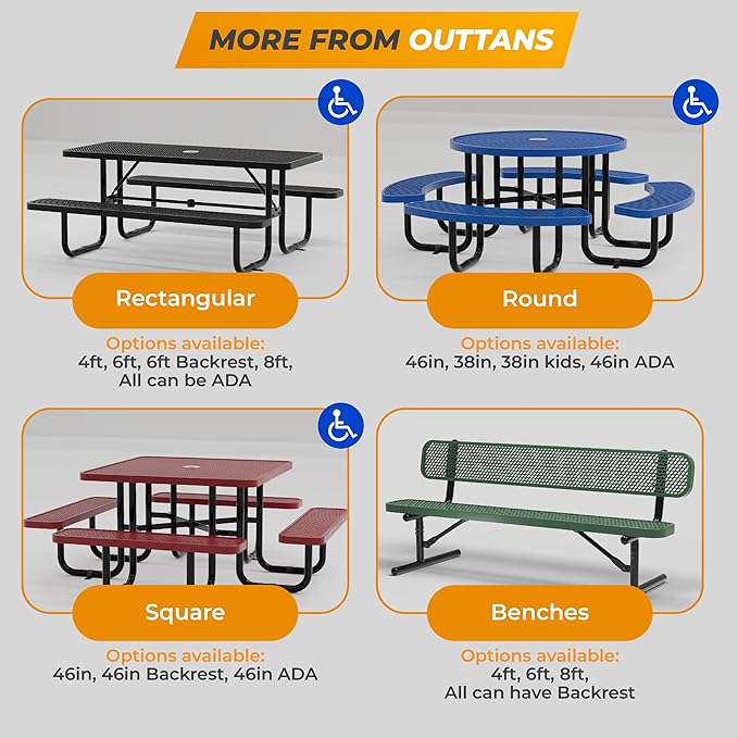 Metal Picnic Tables for Outdoors with Umbrella Hole - Coated Steel Heavy Duty Commercial Grade Table with Adjustable Seats (Blue, 38 in, Round, Expanded Steel)