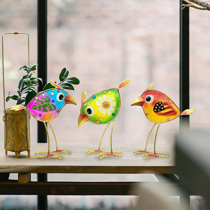 Birds Garden Decor for Outside: Metal & Glass Bird Yard Art, Craft Statue Lawn Ornaments for Outdoor, Housewarming Birthday Gifts for Women (3 PCS)