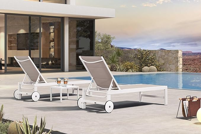 PURPLE LEAF Outdoor Chaise Lounge Set Staight Legs Adjustable Sunbathing Recliner with Side Table for Poolside Beach Outside Patio Aluminum Chaise Lounger Khaki