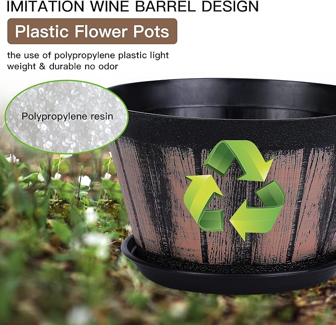 Quarut 8 inch Brown Plastic Whiskey Barrel Plant Pots Set of 4 with Drainage Holes and Saucer for Indoor and Outdoor Garden Home Plants