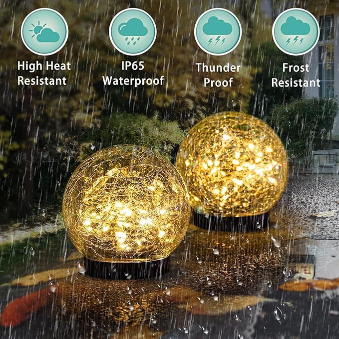 Solar Garden Lights Outdoor Waterproof, 4 Pack Cracked Glass Ball Light, Ground Landscape Garden Decor, Solar Globe Decorative for Pathway/Patio/Lawn/Yard (Warm White, 4.7")