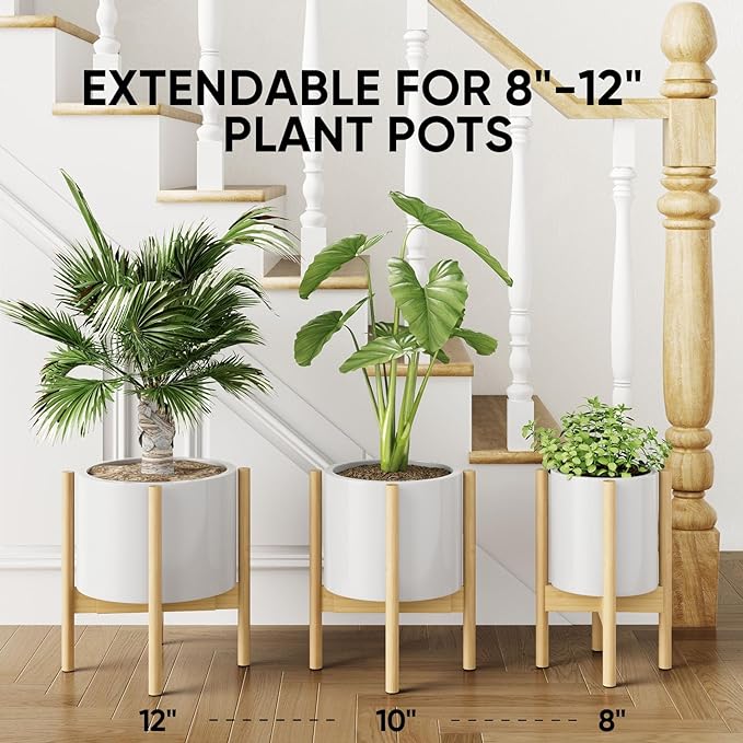 MUDEELA 2 Pack Adjustable Plant Stand Indoor, Bamboo Plant Stand 8 to 12 Inches, Single Floor Plant Stand for Indoor Plants, Natural Planter Stand for Indoor Plants, Pot Plant Not Included