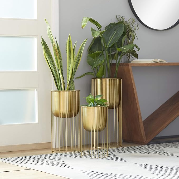 Deco 79 Metal Deep Recessed Dome Planter, Set of 3 24", 20", 16" H, Gold & CosmoLiving by Cosmopolitan Metal Indoor Outdoor Dome Planter with Removable Stand, Set of 2 19", 22" H, Gold