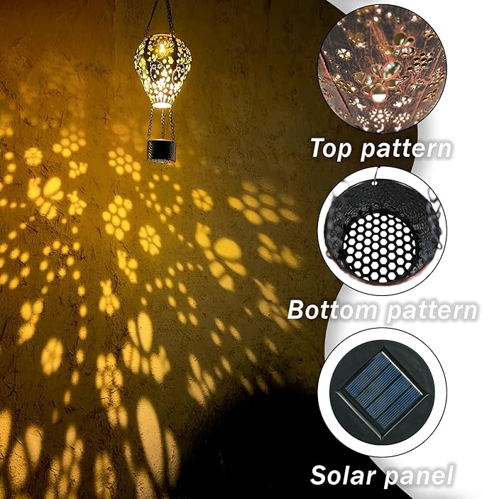 2-Pack Bee Decor Hot Air Balloon Solar Lantern – Outside Decorative Hanging Light for Garden Yard Patio Porch Lawn and Pathway – Unique Housewarming, Birthday Gift for Women Mom Grandma