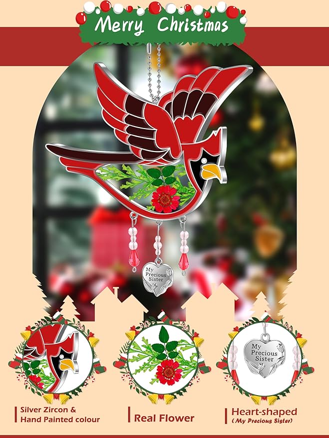 KY&BOSAM Cardinal Suncatcher Stain Glass My Precious Sister Had-Painted Sun Catcher Hanging for Window Wind Chime Gifts for Sister Mother`s Day Valentine's Birthday Christmas Thanksgiving