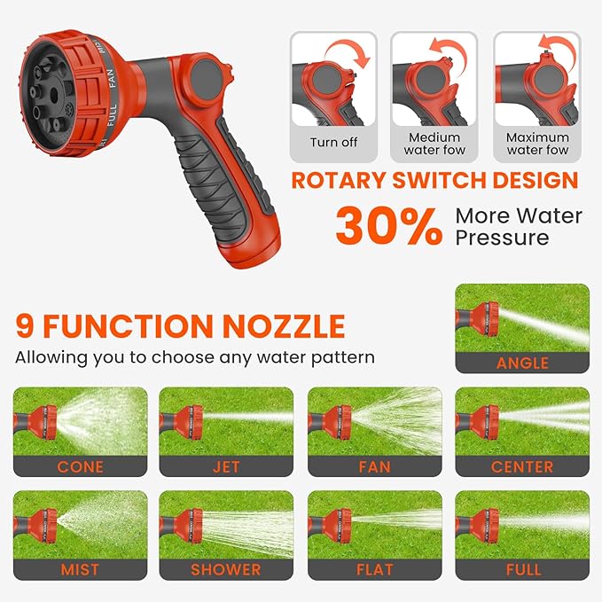 Upgraded Retractable Garden Hose Reels 130 ft X 1/2" PRO Metal Bracket 180° Swivel Any Length Lock Heavy Duty Water Hose Reels Wall Mount 9 Pattern Nozzle Garden Watering