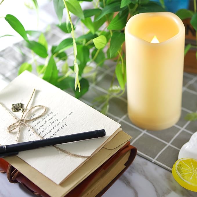 CANDLE CHOICE Waterproof Outdoor Battery Operated Flameless Pillar Candle with Timer Realistic Flickering Plastic Fake Electric LED Light for Lantern Garden Wedding Christmas Decorations 3x6 Inches