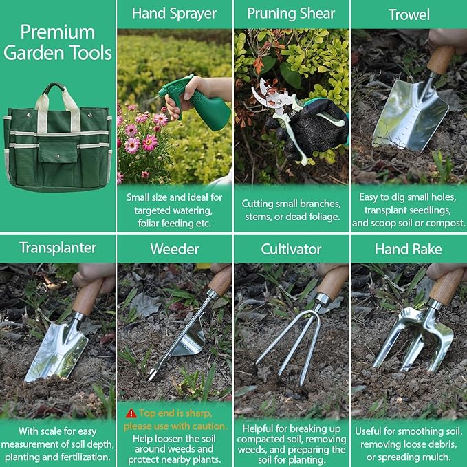 LeMotech Garden Tool Set,10 Pieces Heavy Duty Gardenting Tool Kit, Folding Stool with Detachable Tote Bag, Thicker Stainless Steel Tools (Trans-Planter,Trowel,Weeder etc.) for Women Men