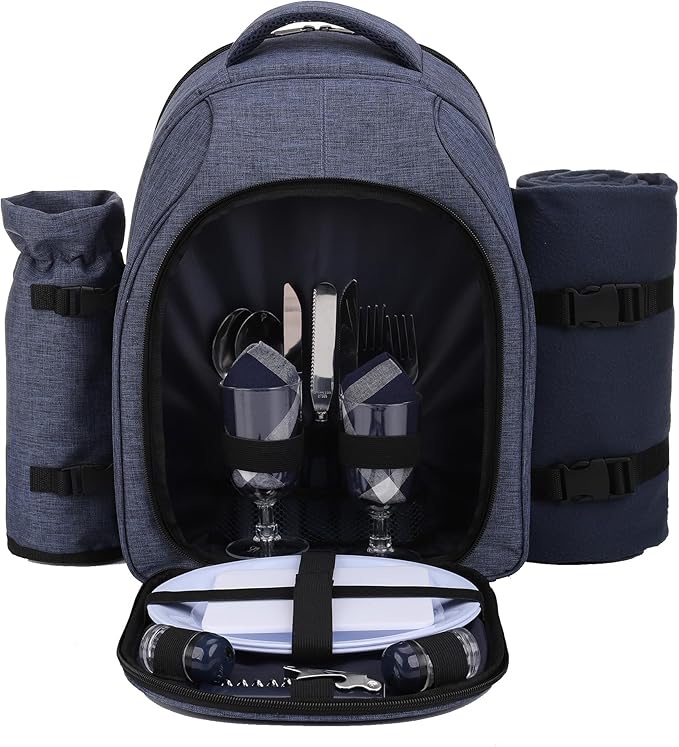 Apollo Walker Picnic Backpack Bag for 2 Person with Cooler Compartment, Detachable Bottle/Wine Holder, Fleece Blanket, Plates and Cutlery Set (2 Person, Navy)