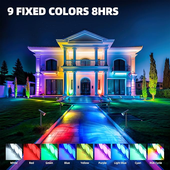 Barrina 36 LEDs Landscape Solar Spotlights, WRGB Solar Powered Dusk-to-Dawn Outdoor Garden Lights, 360° Horizontal Adjustable Spotlights for Garden Yard Patio Driveway Porch, 4 Packs