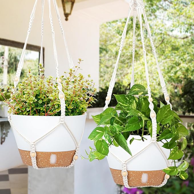 QCQHDU 2 Pack Hanging Planters for Indoor Plants, Outdoor Hanging Baskets, Self Watering Pots with Drainage Holes & Removable Tray (Dark Grey, 10 inch, Macrame Hanger)
