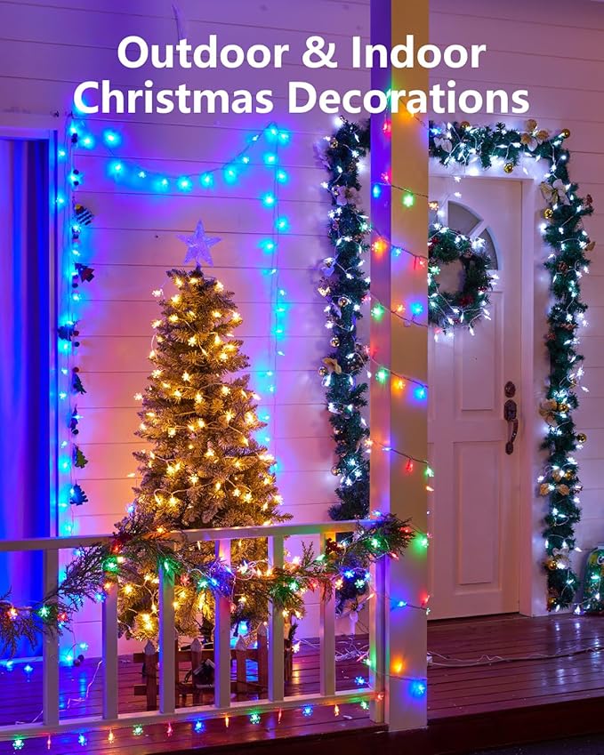Brightown Solar Christmas Snowflake String Lights 100 LED 39 FT Outdoor Waterproof Fairy Lights with 8 Lighting Modes for Wedding, Party, Tree, Room, Garden, Patio, Yard, Home, Blue & White