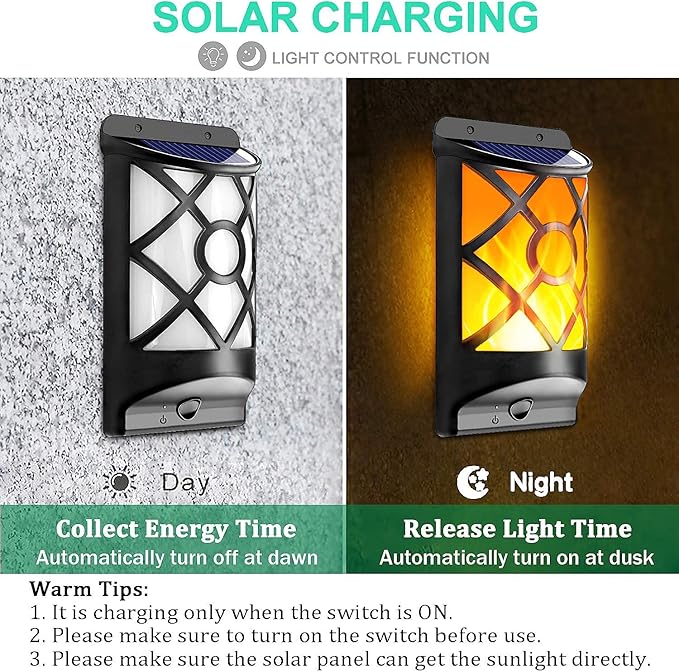 Solar Flame Lights Outdoor, Realistic 3D Flickering Flames with 66 Ultra-Bright LEDs - Waterproof Wall Mount Lanterns for Deck, Fence, Patio, Garden, Auto On/Off (4-Pack Value Set)