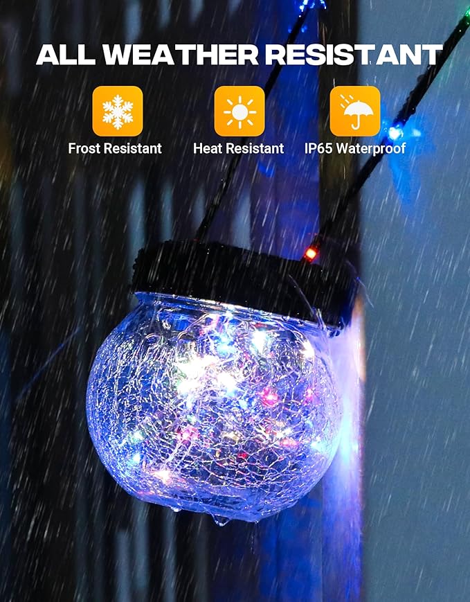 PARTPHONER Solar Lantern Solar Lights Outdoor Waterproof 2-Pack, Solar Powered Hanging Lights Cracked Glass Hanging Globes for Christmas Decoration, Shepherd Hook, Garden Tree Ornaments,Muiti-Color