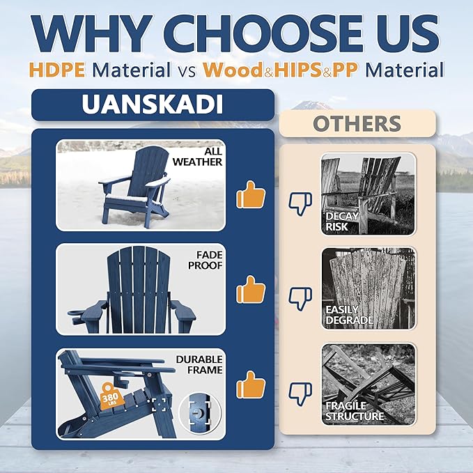 Folding Adirondack Chair Set of 3 with Cup Holder, HDPE All Weather Resistant Plastic Outdoor Patio Chairs, Heavy Duty Fire Pit Seating for Backyard Lawn Garden, Wooden Textured Design(Navy Blue)