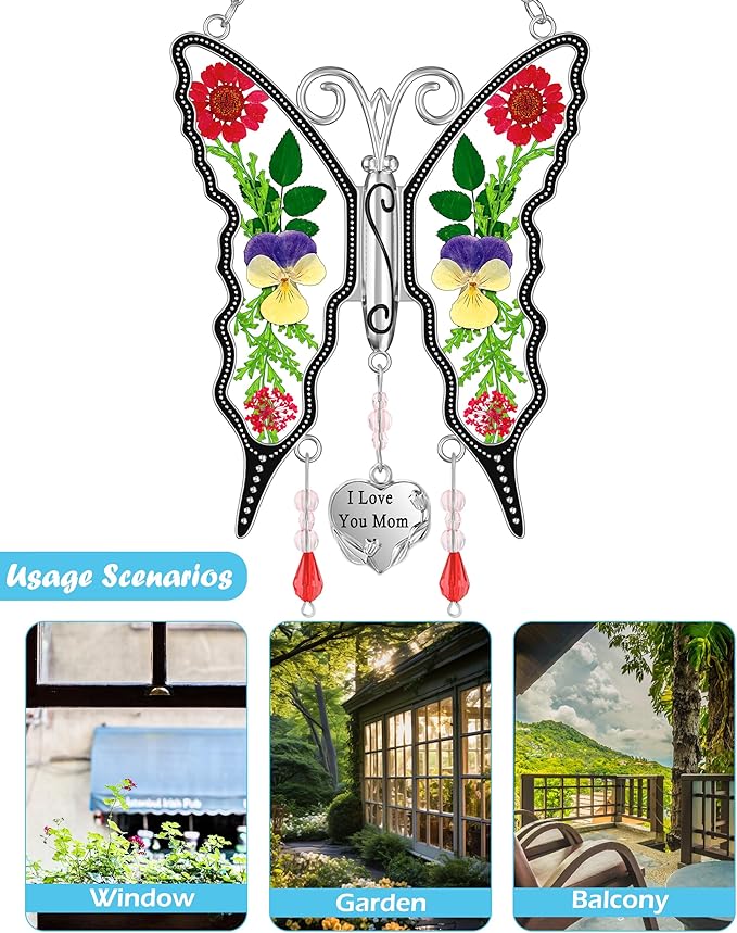 KY&BOSAM Gifts for Mom Butterfly Suncatcher Mom Gifts Mothers Day I Love You Mom Stained Glass Sun Catcher for Window Hangings Wind Chime Ornament Birthday Gift for Mother`s Day Valentine`s Christmas