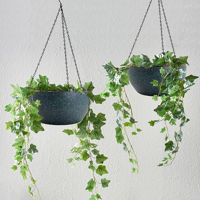 WOUSIWER 13 inch 2 Pack Large Hanging Planters for Indoor Outdoor Plants with Drainage Holes and Chain, Round Hanging Flower Pots for Garden Home Porch Decor, Black with Green Speckles
