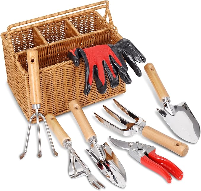 SOLIGT Garden Tools Set with Basket, Heavy Duty Stainless Steel Gardening Hand Tool with Wood Handle, Pruning Shears, Gloves - Perfect Gardening Gifts Planting Supplies for Women Men