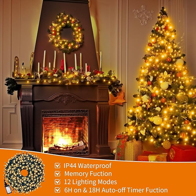 Christmas Light 500 LEDs 172ft Green Cable Wire Fairy String Outdoor Twinkle Lights Plug in 12 Modes for Xmas Party, Garden, Wedding, Home Decoration (Warm White)