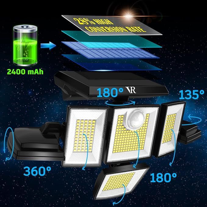 Solar Motion Sensor Flood Lights Outdoor - 496LEDs 3500LM 3 Lighting Modes 3 Levels Brightness, 6 Heads 360° Illumination, IP65 Solar Security Lights,for Porch Yard Patio Garage(3 Packs)