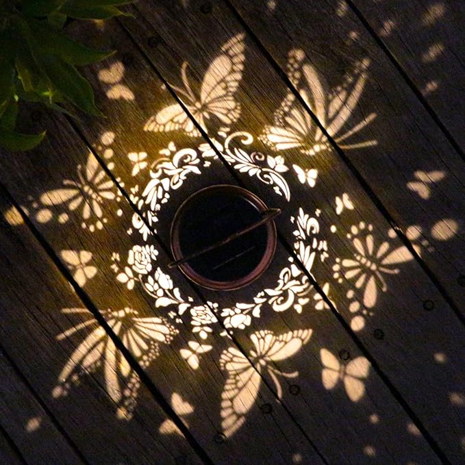 2 Pack Solar Butterfly Lanterns Outdoor Hanging Decor Lantern,Waterproof Hollow Out Retro Metal Decorative Garden Light,Graceful Decoration for Patio,Yard,Landscape,Festival