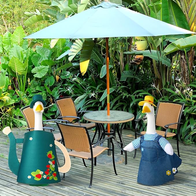 Frienda 2 Set Porch Goose Outfits Clothes 23 Inch Garden Raincoat Flag Bee Fishing Style Goose Costume for Lawn Patio Valentine's Day Decor