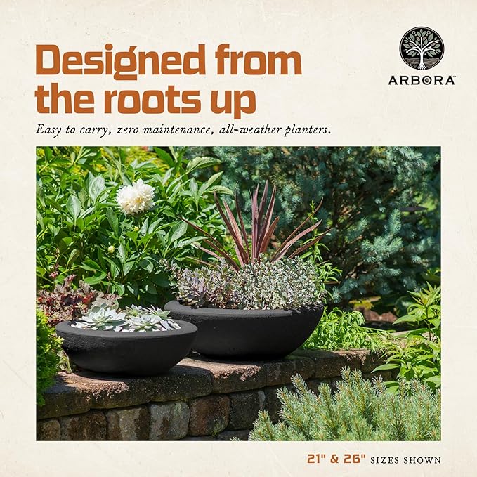 ARBORA 21" Santorini Bowl 2-Pack with Classic Black Finish - Polyresin Indoor and Outdoor Planters, Durable, Weatherproof, Lightweight, Large Plant Pots for Patio, Garden, Deck, Entryway