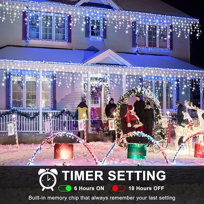 Icicle Christmas Lights, 98FT 1216 LED Icicle Lights for Outside with 228 Drops, 8 Modes Waterproof Twinkle String Lights for House Bedroom Wedding Holiday Decorations, White