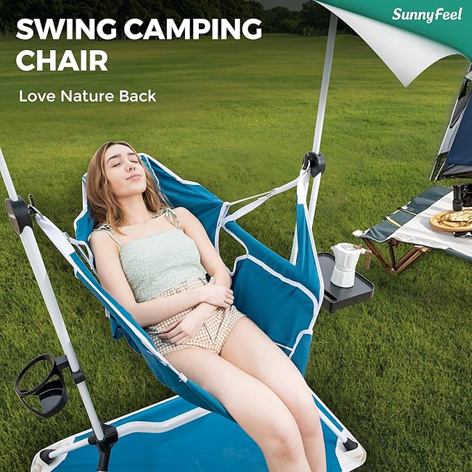 SUNNYFEEL Hammock Camping Chair, Oversized Swinging Camping Chair, Portable Hammock Chairs with Cup Holder, Beach Mat, MAX 300lbs Heavy Duty for Outdoor Travel Lawn Backyard Beach (Blue)