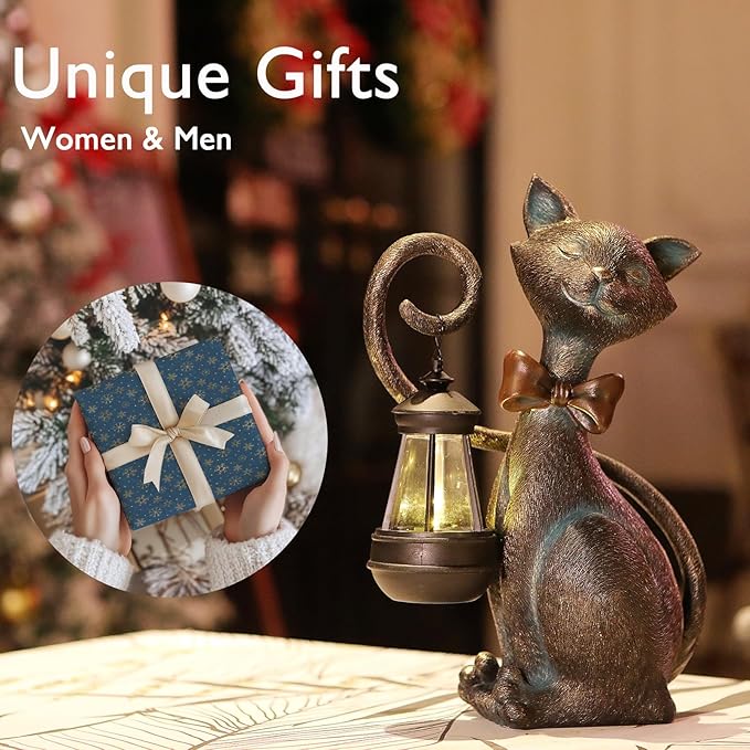 Whimsical Solar Cat Statue Decor with Solar Lantern - Unique Outdoor Spring Garden Decor for Patio, Balcony and Yard Art Lights - Ideal Mothers Day Birthday Gifts for Mom,Grandma,Women and Cat Lovers