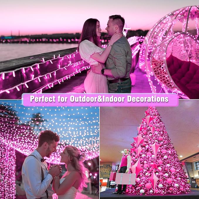 300 LED Pink String Lights, 99ft Pink Christmas Lights Outdoor 8 Modes Clear Wire, Plug in Waterproof Twinkle Fairy Lights for Bedroom Indoor Wedding Christmas Party Decorations