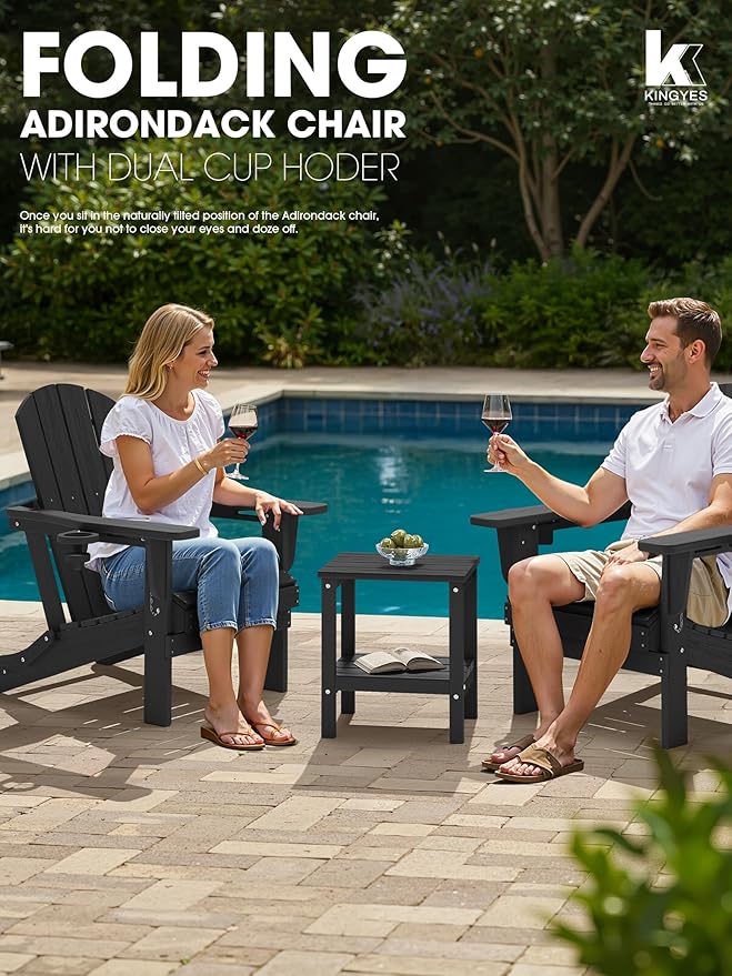 KINGYES Folding Adirondack Chair with Dual Cup Holders - HDPE All-Weather Outdoor Chairs, Black