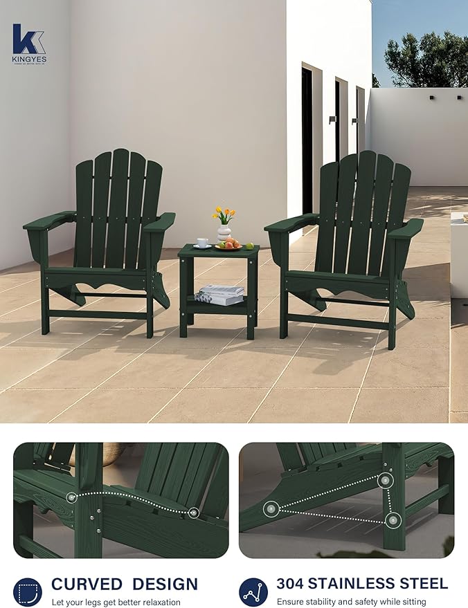 KINGYES HDPE Adirondack Chair Set of 2, Classic All-Weather Adirondack Chair, Green