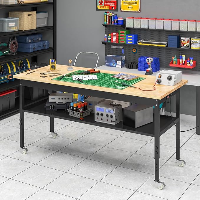 48"/60'' Adjustable Workbench, Rubber Wood Top Work Bench Heavy-Duty Work Table with Power Outlet, Wheels, Partition 2000 LBS Load Capacity Hardwood Work Benches for Garage, Workshop, Home, Office