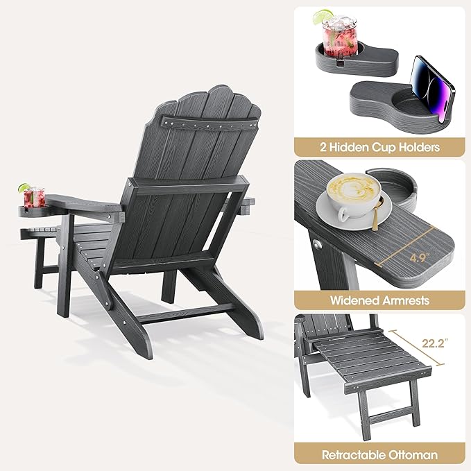 Folding Adirondack Chair Set of 2 with Adjustable Backrest, Adirondack Chair with Ottoman with 2 Cup Holders, for Outdoor Beach Garden Porch Lawn Pool Deck, Grey