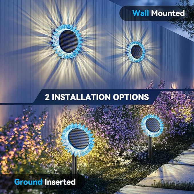 Solar Garden Lights - Upgraded Solar Sunflower Light, Ground/Wall 2 in 1, Solar Outdoor Lights Waterproof IP67,Garden Yard Patio Backyard Pathway Landscape Fence Wall Decoration, Warm White(2 Pack)