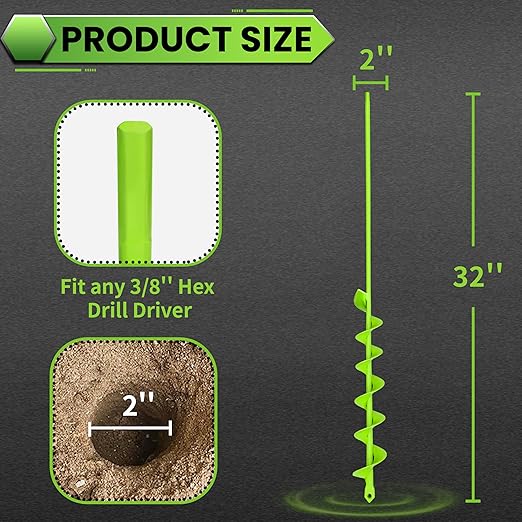 SYITCUN Auger Drill Bit for Planting - 2" X 32" Heavy-Duty Garden Auger Spiral Drill Bit - Bulb Planter Tool & Auger Post Hole Digger - 3/8" Hex Drive Drill