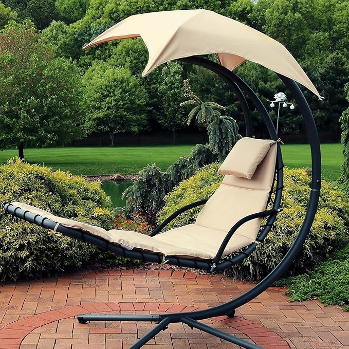 Weatherproof Replacement Cushion Pad and Umbrella for Hanging Lounge Chair Outdoor Chaise Hanging Hammock Chair - Long-Lasting, Fade-Resistant, Quick-Dry, Outdoor Lounge Replacement Set (Beige-)