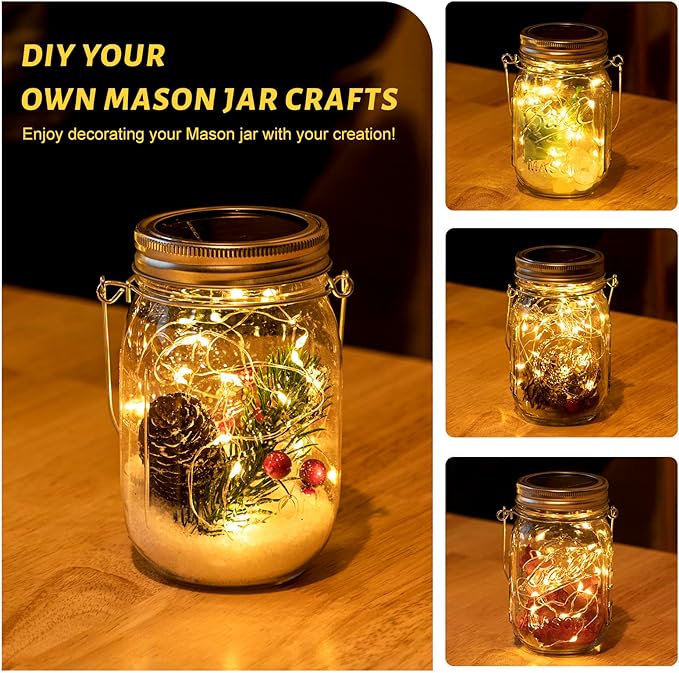 HXWEIYE 8 Pack Solar Mason Jar Lights Lanterns,Jars & Hangers Included，30LED Waterproof Hanging Outdoor Fairy Lights for Patio Garden Porch Yard Backyard Balcony Wedding(Warm White)