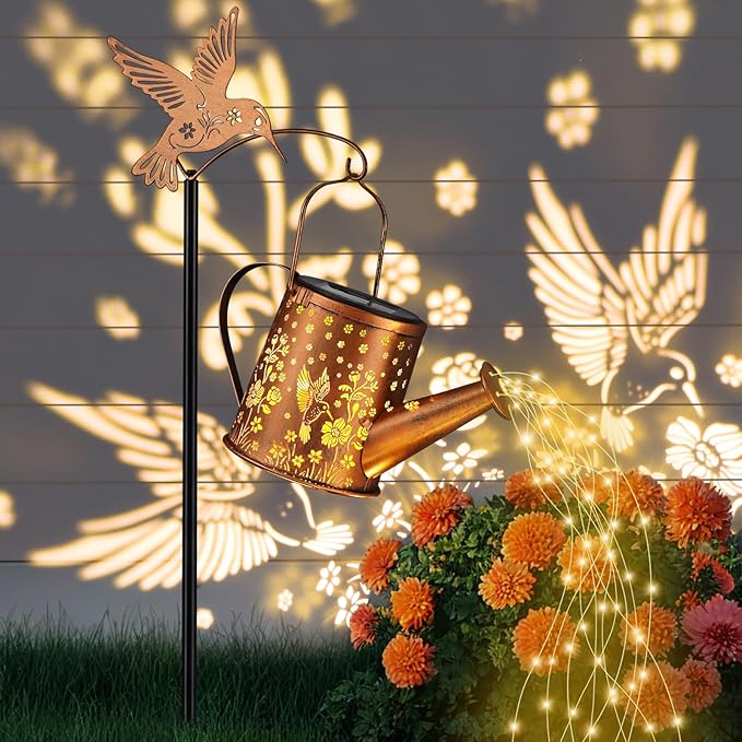 Outdoor Hanging Solar Lantern Waterproof Set Outside Metal Sprinkler Openwork Hummingbird Landscape Lights for Garden Yard Patio Pathway Decor Birthday Gifts for Women Mom Grandma -with Floor Pole