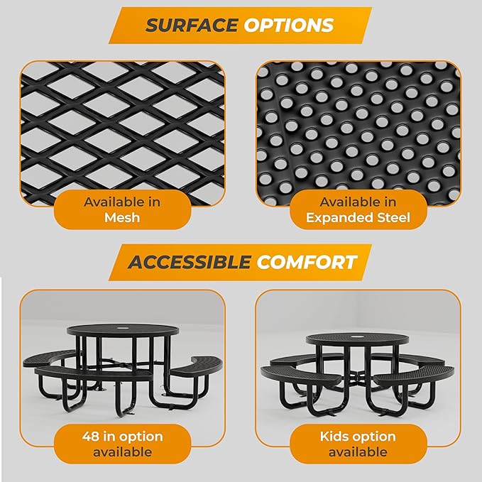 Metal Picnic Tables for Kids for Outdoors with Umbrella Hole - Coated Steel Heavy Duty Commercial Grade Table with Adjustable Seats (Blue, 38 in, Kids, Expanded Steel)