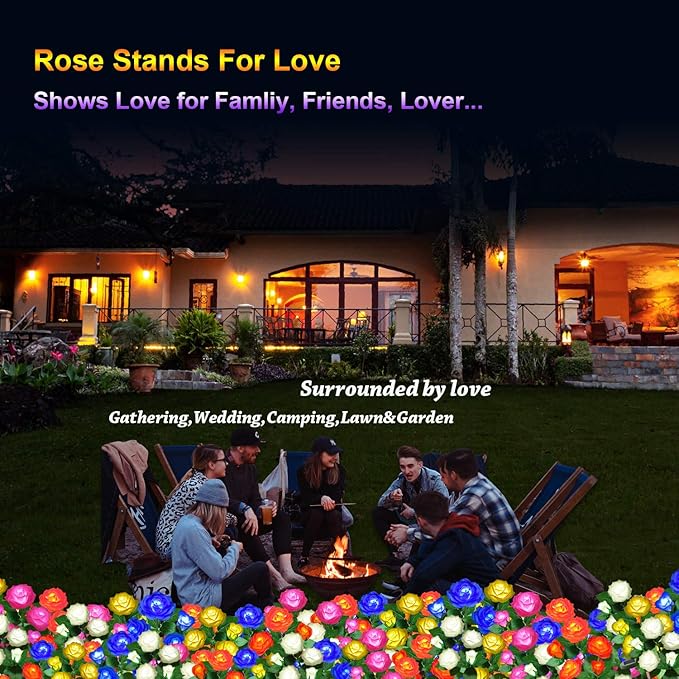 Solar Flower Lights Outdoor - Upgraded New Material Two Modes Realistic LED Solar Powered Waterproof Lights with 5 Roses, Solar Decorative Stake Lights for Garden (Yellow, 1 Pack)