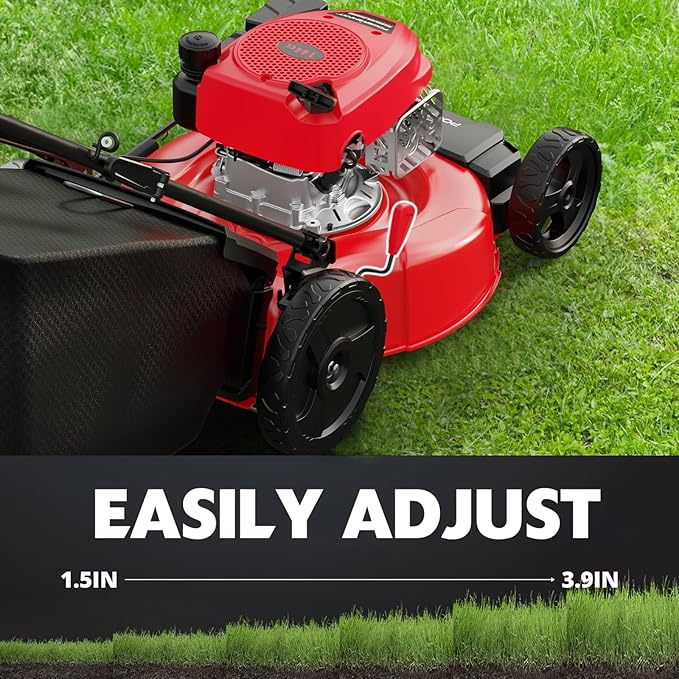 PowerSmart 21-inch Gas Push Lawn Mower, 144cc 4-Stroke Engine with Easy Adjustable Cutting Height, High Wheels, 2-in-1 with Mulch, Bag