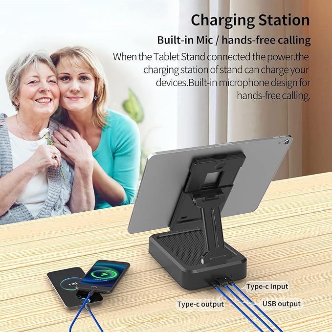 JTEMAN Tablet Stand Adjustable with Bluetooth Speakers,Kitchen Gadgets,Gifts for Women Men,Wireless Bluetooth Speaker Tablet Holder,Desk Mic Charging Sation Compatible with Phones and Tablet