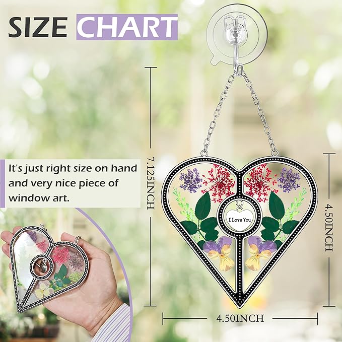KY&BOSAM Heart Suncatcher I Love You Glass Panels for Window Hangings Wind Chime with Pressed Flower Heart Embedded in Glass Mom Gifts Birthday Gifts for Women Mother`s Day Valentine`s Christmas Decor